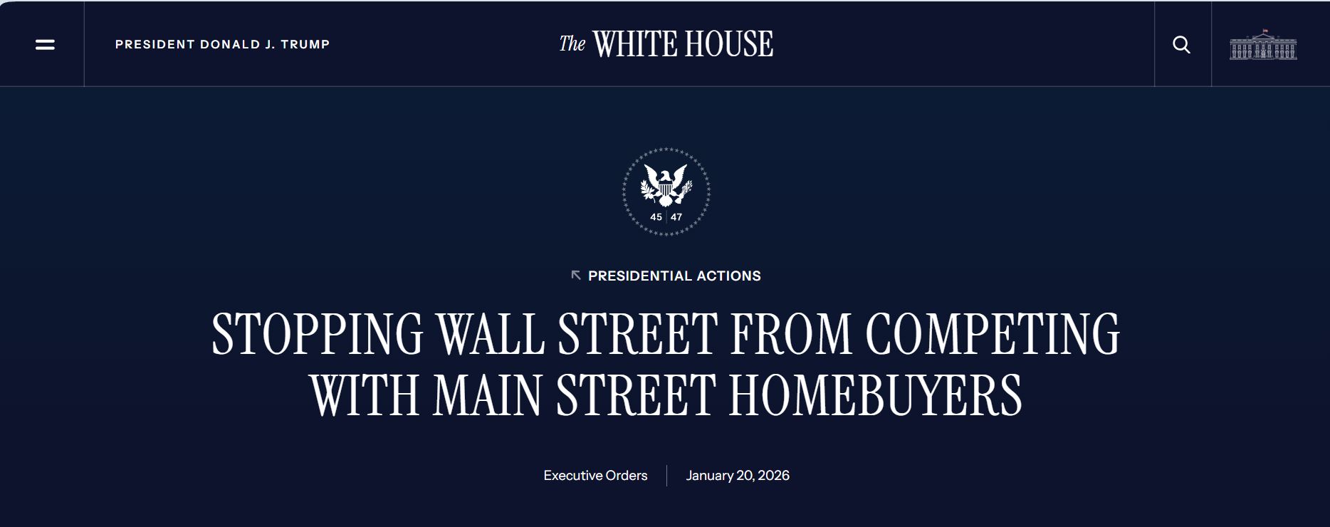今日头条】特朗普签署行政令：限制华尔街资本抢购独栋住宅，优先保障家庭购房权